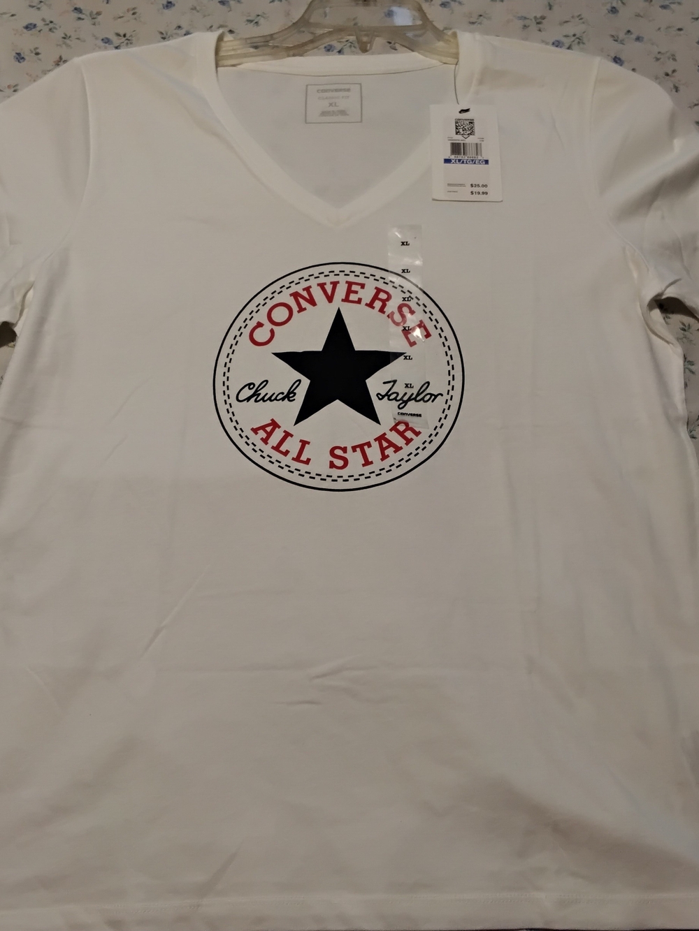 Converse White V-Neck All Star Logo Tee with Black Star